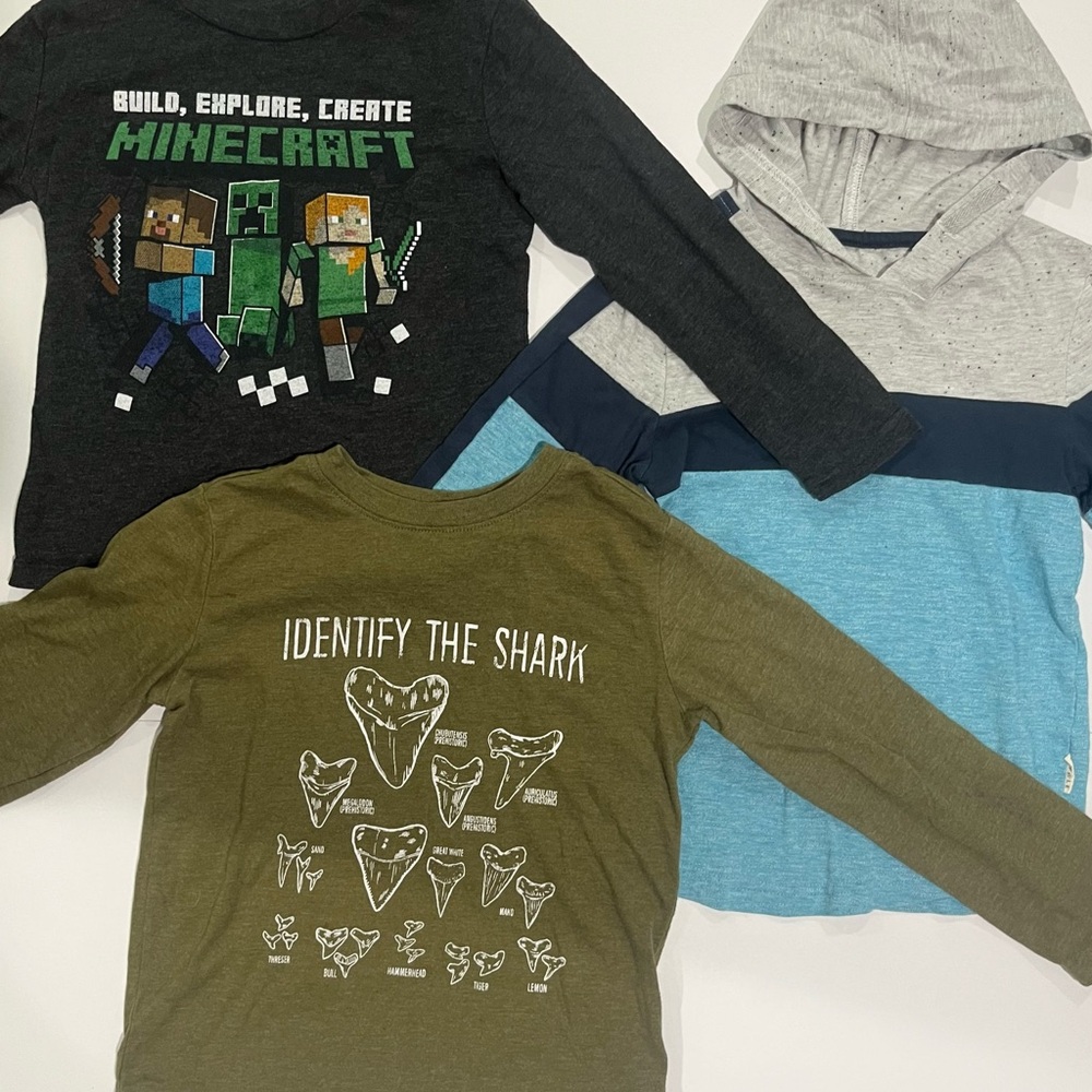 Minecraft and Shark Themed Kids Long Sleeve Shirt bundle Size 4/5
